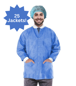lot 119 image: 1 Case (25 each) NEW MediChoice SJ0606 Latex-Free SMS Nonwoven Knit Cuff & Collar Disposable Staff Jacket - Size XX-Large Blue