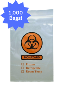 lot 92 image: 1 Case (1000 each) NEW MediChoice MC600STB 6 x 10 Non-Sterile Latex-Free Stat Specimen Biohazard Bag - Clear - Tamper Evident, Printed with outside pocket