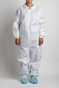 lot 96 image: 1 Case (24 each) NEW MediChoice 05503L Latex-Free Premium Fluid Resistant Knit Cuff Disposable Coveralls - Size Large White