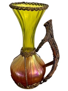 Antique Nouveau Kralik Honeycomb Panel Stag Antler Handle Gilt Metal Holder Vase