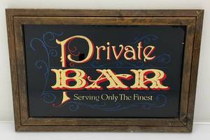 lot 235 image: Vintage Mid Century Private Bar Glass And Foil Art Sign Framed 12 12 x 18 12