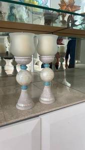 lot 88 image: Pair of Mosaic Glass Candle Holders with Candles