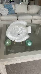 lot 98 image: Decorative Fish-Shaped Platter with Two Green Glass Orbs