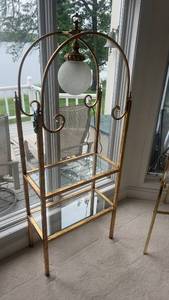 lot 109 image: Vintage Brass and Glass Shelving Unit with Globe Light