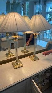 lot 132 image: Pair of Elegant Crystal and Brass Table Lamps with Silk Shades