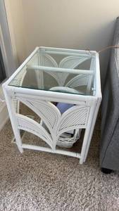 lot 140 image: White Wicker and Glass Side Table