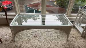 lot 142 image: Glass-Top Rattan Coffee Table in White Finish