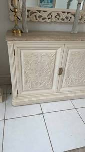lot 158 image: Ornate Floral Carved Wood Cabinet with Marble Top