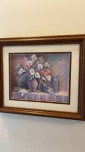 lot 163 image: Framed Still Life Floral Print with Wooden Frame