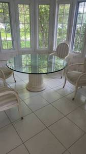 lot 241 image: 5-Piece Dining Set with Glass Table and Striped Upholstered Chairs