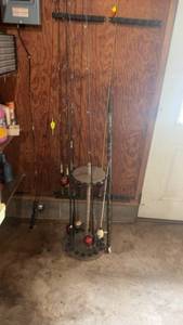 lot 249 image: Set of 8 Fishing Rods with Wooden Stand