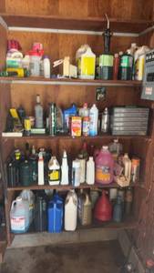 lot 250 image: Collection of Automotive and Cleaning Fluids with Garage Organizer