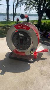 lot 261 image: Link2Home Heavy Duty 50 ft Power Cord Reel with 4 Outlets