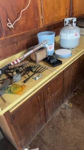 lot 336 image: Assorted Garage Items Propane Tank, Aerobait Ice Fishing Bucket, Tools