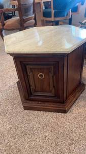 lot 426 image: Hexagonal Wooden Marble-Top End Table with Storage