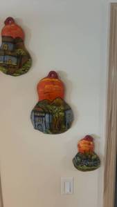 lot 450 image: Set of 3 Handcrafted Gourd Art Wall Hangings with Sunset Village Scene