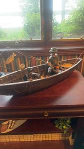 lot 457 image: Vintage Wooden Fishing Boat Figurine with Fisherman and Dog
