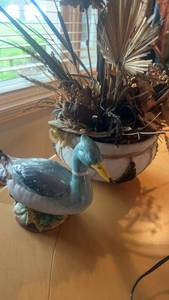 lot 461 image: Decorative Ceramic Duck Figurine and Artificial Flower Arrangement