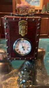 lot 477 image: Vintage Style Wooden Box with Clock and Brass Accents