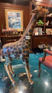 lot 478 image: Large Wooden Giraffe Figurine with Hand-Painted Detail