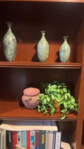 lot 484 image: Set of 3 Artistic Ceramic Vases and Decorative Stone Sculpture