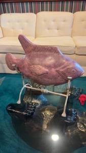 lot 485 image: Unique Purple Stone Fish Sculpture on Metal Stand