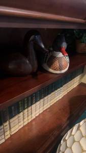 lot 486 image: Elegant Wooden Bookshelf with Duck Dcor and Faux Plant