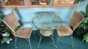 lot 504 image: 3-Piece Wicker and Glass Patio Dining Set with 2 Chairs