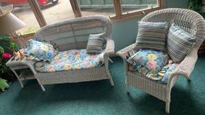 lot 509 image: Wicker Furniture Set with Cushions - Love Seat, Chair and Tables