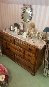 lot 564 image: Vintage Wooden Dresser and Blue Upholstered Sofa Set