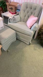 lot 565 image: Plaid Armchair with Matching Ottoman and Pink Accent Pillow