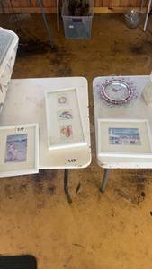lot 577 image: Collection of Framed Beach and Coastal Artwork with Decorative Clock