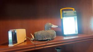 lot 594 image: Set of Vintage Duck Decoy, Manual Pencil Sharpener, and Lantern