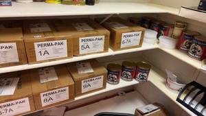 lot 614 image: Assorted Perma-Pak Emergency Food Storage Cases and Canned Goods