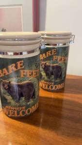 lot 621 image: Set of 2 Bear-Themed Canisters and Decorative Bowl with Woven Spheres