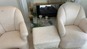 lot 664 image: Pair of Beige Armchairs with Matching Ottoman
