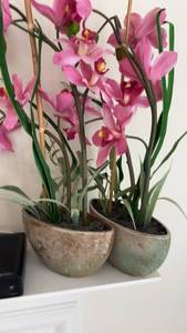 lot 668 image: Pair of Faux Pink Orchid Arrangements in Ceramic Planters