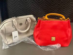 lot 6 image: Set of 2 Designer Handbags - Red with Orange Accents and White with Tags