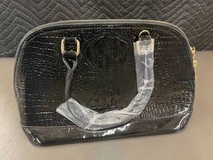 lot 27 image: Black Crocodile Embossed Handbag with Gold Hardware