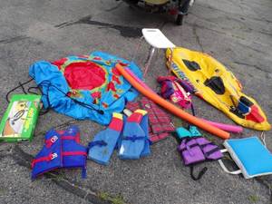 lot 14 image: Life Jackets, Inflatable water toys, Boat Cushion, Stool, Air pump