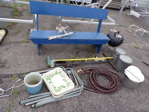 lot 22 image: Wood Bench, Hose, TV Trays, Dirt Auger, Grill and vintage minnow buckets