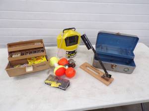 lot 46 image: Pair of Tackle Boxes minnow Bucket, Bouyes and Rod Holder