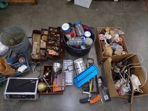 lot 52 image: Huge Hardware lot with Nails, Oil cans Saws Tools and more