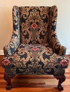 lot 1 image: Ralph Lauren Wingback Armchair with Floral Upholstery and Ornate Legs