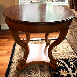 lot 10 image: Round Mahogany Side Table by Milling Road  Baker Furniture with Curved Legs