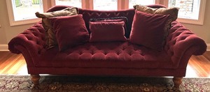 lot 14 image: Henredon Red Velvet Tufted Sofa with Assorted Throw Pillows