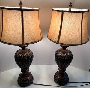 lot 68 image: Pair of Ornate Table Lamps with Intricate Brown Base Design