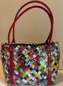 lot 75 image: Nahui Ollin Candy Wrapper Tote Bag with Red Handles