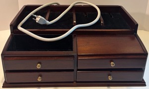 lot 89 image: Wooden Charging Station with Built-in Power Strip and Drawers
