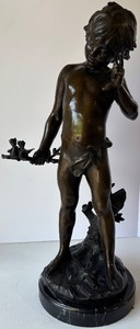 lot 92 image: Bronze Sculpture of a Boy Holding Branch on Marble Base